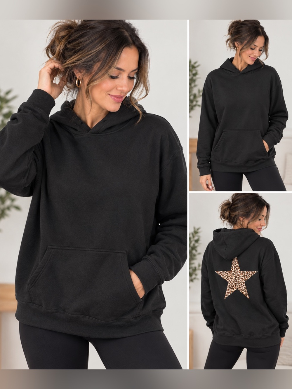 Black Hoodie with Leopard Star Back - Women's Pullover